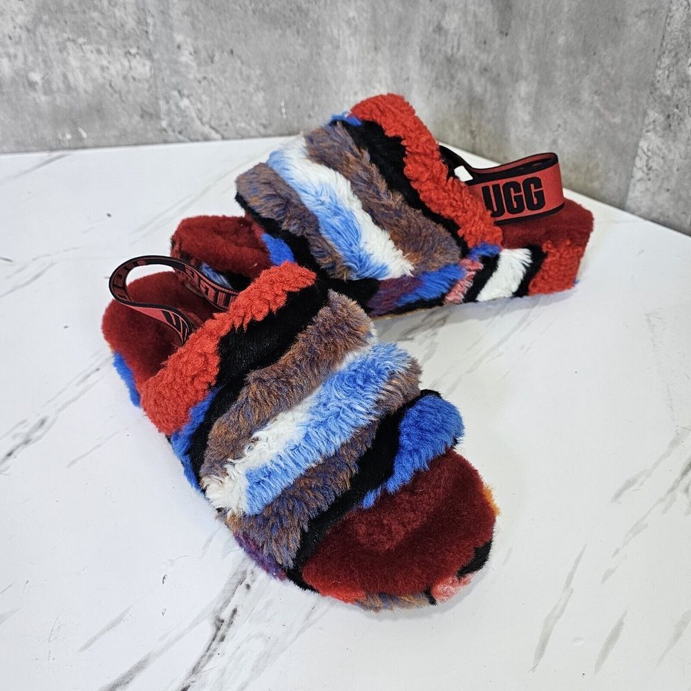 UGG Australia Womens 7 Fluff‎ Yeah Plush Slide Sandal Red Cali Collage Sandals
